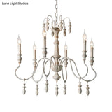 Country Distressed White Wood Chandelier Lighting - 6 Heads Swooping Arm Ceiling-Hung
