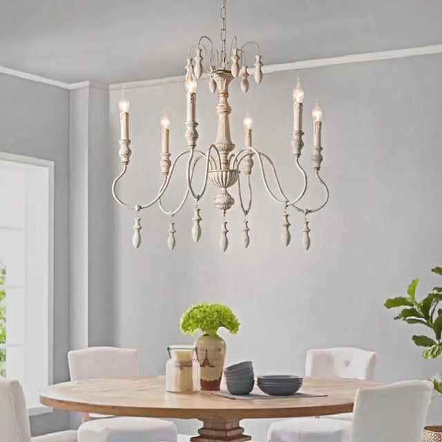 Country Distressed White Wood Chandelier Lighting - 6 Heads Swooping Arm Ceiling-Hung