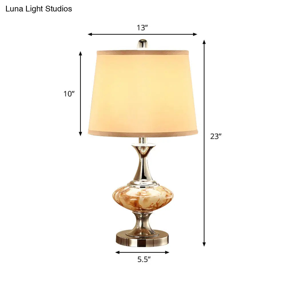Country Drum Nightstand Light With Bellied Base In Nickel - 1-Light Fabric Table Lighting