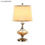 Country Drum Nightstand Light With Bellied Base In Nickel - 1-Light Fabric Table Lighting