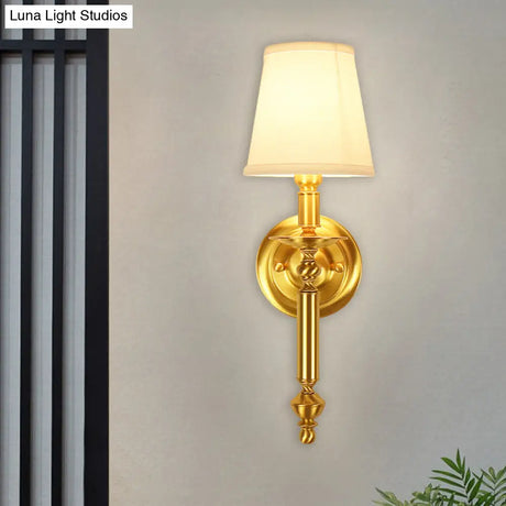 Country Fabric Tapered Wall Lighting: Single Light Brass Mounted Lamp With Metallic Arm