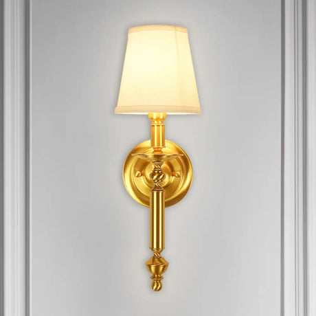 Country Fabric Tapered Wall Lighting: Single Light Brass Mounted Lamp With Metallic Arm