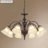Country Flare Chandelier Light With Frosted Glass - Black Ceiling Mount