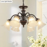 Country Flare Chandelier Light With Frosted Glass - Black Ceiling Mount
