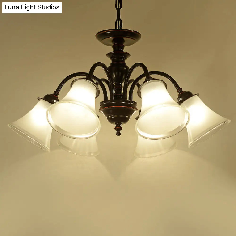 Country Flare Chandelier Light With Frosted Glass - Black Ceiling Mount