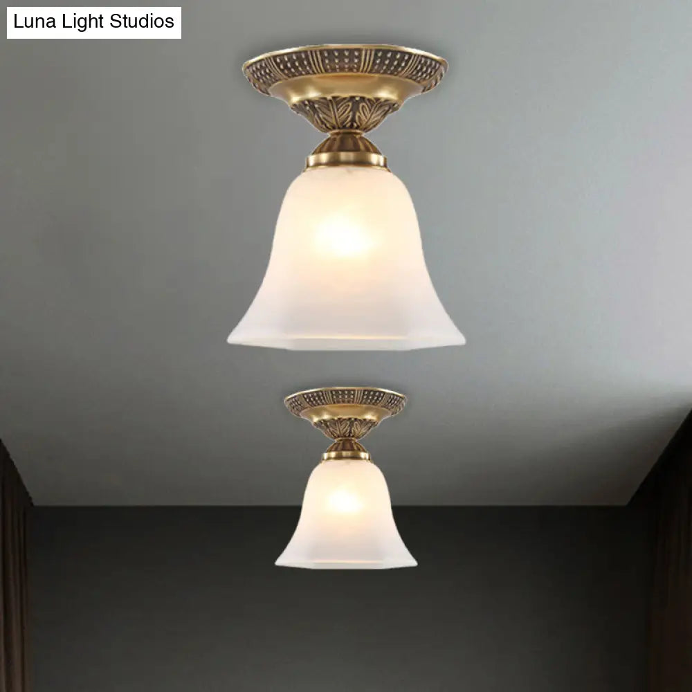 Country Flush Mount Frosted Glass Single Head Bell Shape Ceiling Light With Brass Finish