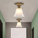 Country Flush Mount Frosted Glass Single Head Bell Shape Ceiling Light With Brass Finish