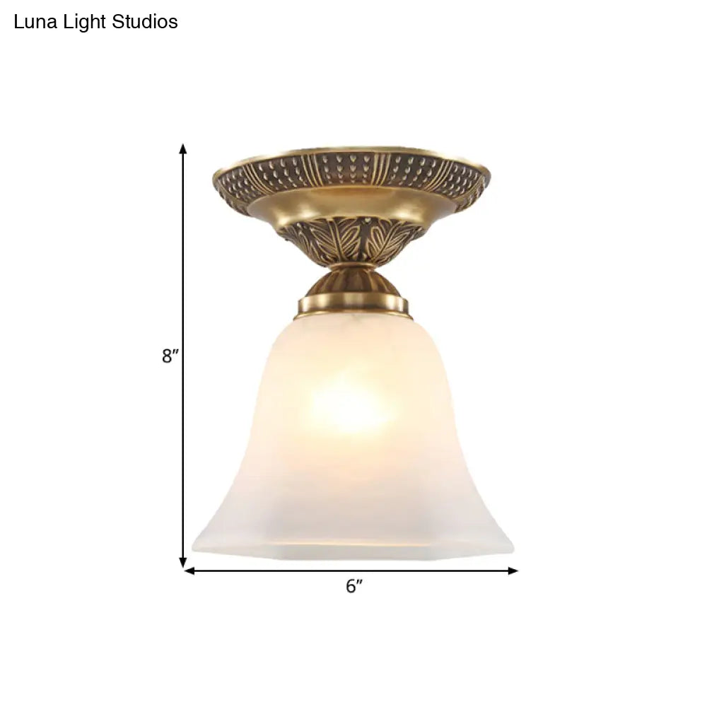 Country Flush Mount Frosted Glass Single Head Bell Shape Ceiling Light With Brass Finish