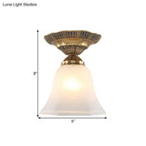 Country Flush Mount Frosted Glass Single Head Bell Shape Ceiling Light With Brass Finish