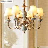 Country Gold Fabric Chandelier - 6 Heads Conical Suspension Light For Dining Room With Elegant