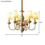 Country Gold Fabric Chandelier - 6 Heads Conical Suspension Light For Dining Room With Elegant