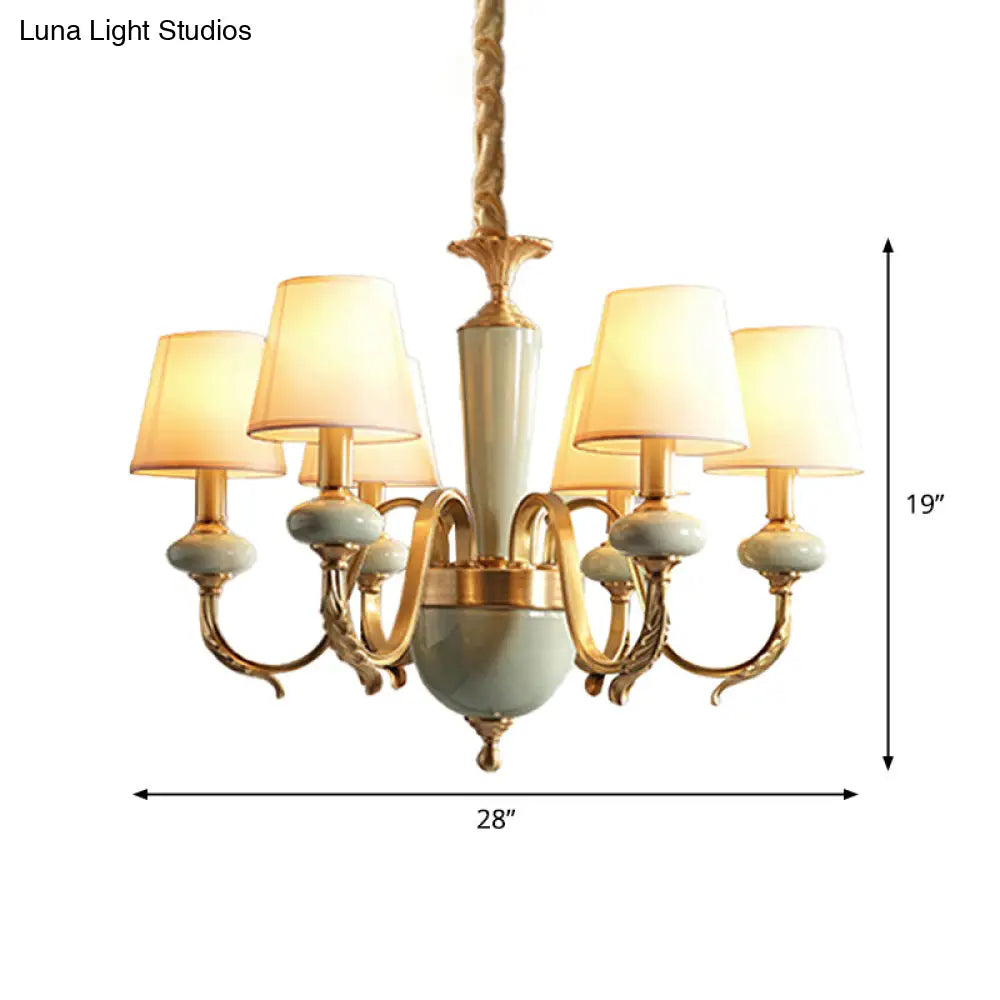 Country Gold Fabric Chandelier - 6 Heads Conical Suspension Light For Dining Room With Elegant