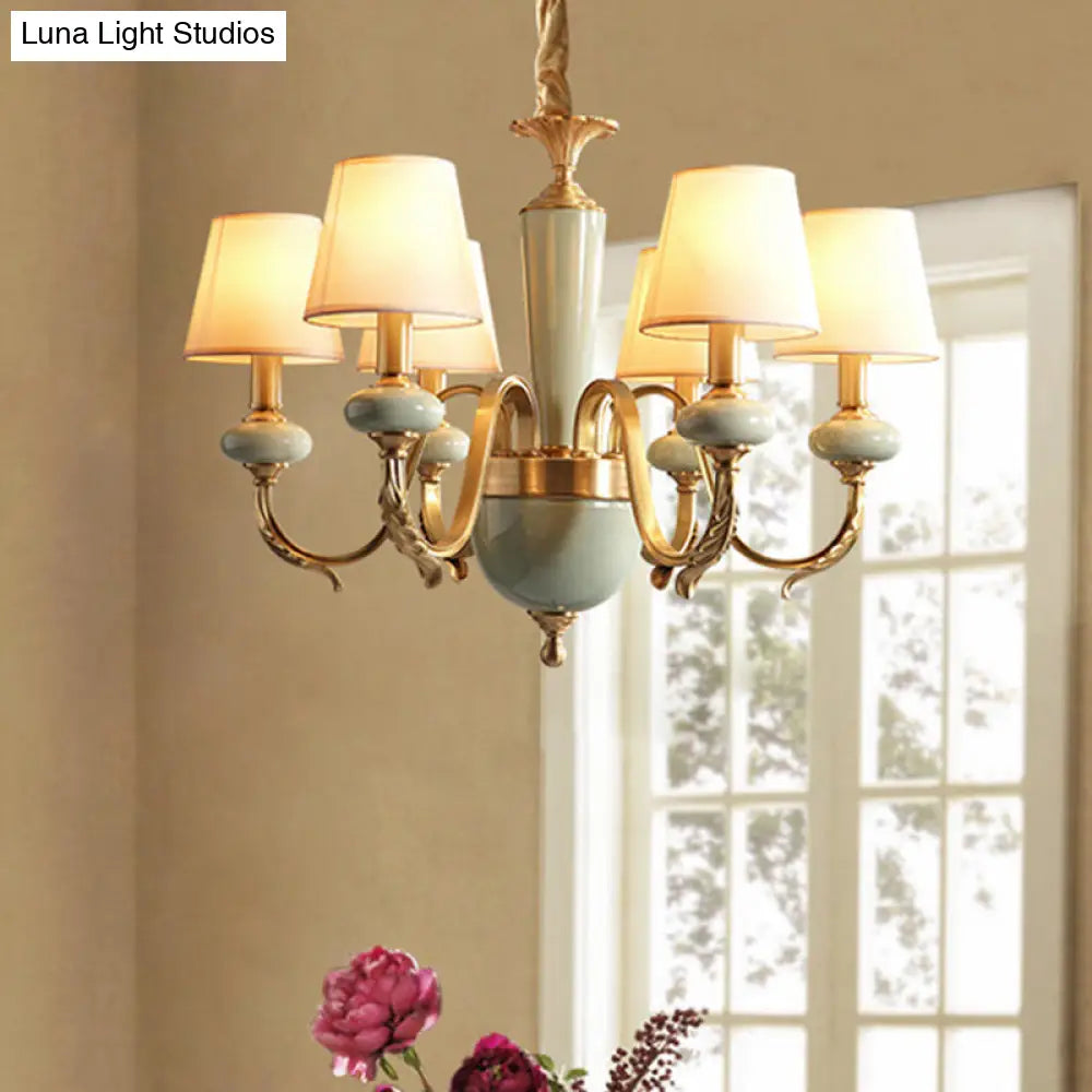 Country Gold Fabric Chandelier - 6 Heads Conical Suspension Light For Dining Room With Elegant