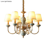 Country Gold Fabric Chandelier - 6 Heads Conical Suspension Light For Dining Room With Elegant