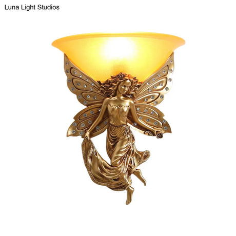 Country Half-Bowl Opal Glass Wall Sconce With Resin Angel - White/Gold