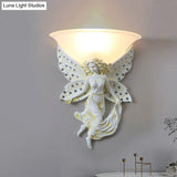 Country Half-Bowl Opal Glass Wall Sconce With Resin Angel - White/Gold