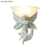 Country Half-Bowl Opal Glass Wall Sconce With Resin Angel - White/Gold