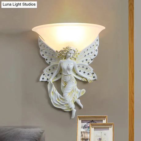 Country Half-Bowl Opal Glass Wall Sconce With Resin Angel - White/Gold