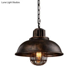 Country Iron 1-Light Pendant Lamp With Cage And Inner Glass Shade - Bowl Bistro Hanging Light Kit