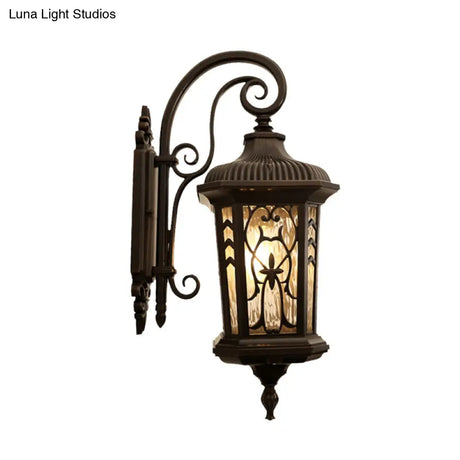 Country Lantern 1-Head Wall Sconce In Black With Water Glass Shade Metallic Mounted Lamp