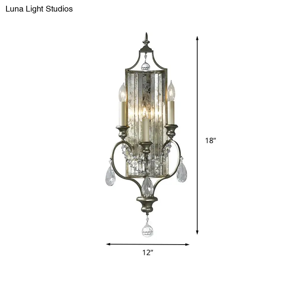 Country Metal 3-Light Silver Candelabrum Sconce: Bedroom Wall Mount Lighting With Crystal Drop