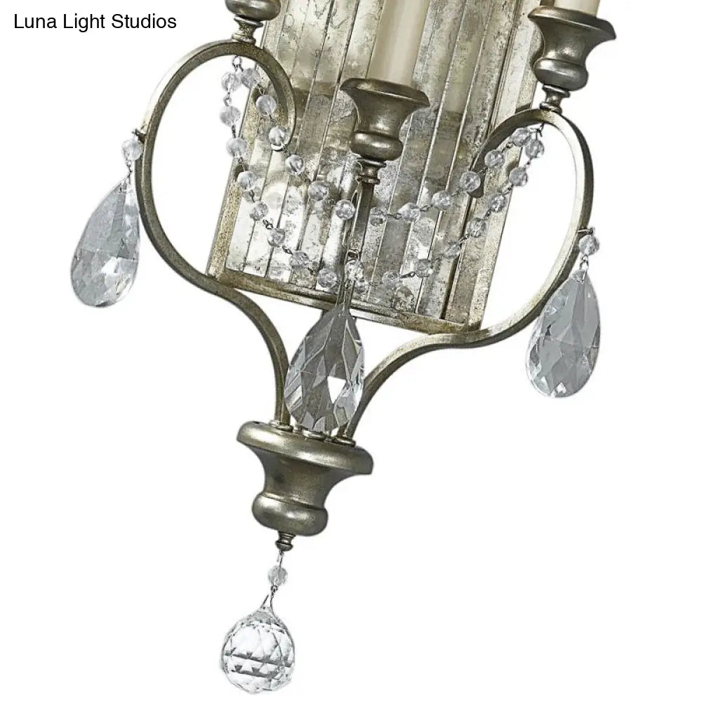 Country Metal 3-Light Silver Candelabrum Sconce: Bedroom Wall Mount Lighting With Crystal Drop