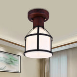 Country Opal Glass Dome Ceiling Light Fixture With Cage - Brown Flush Mount Lamp