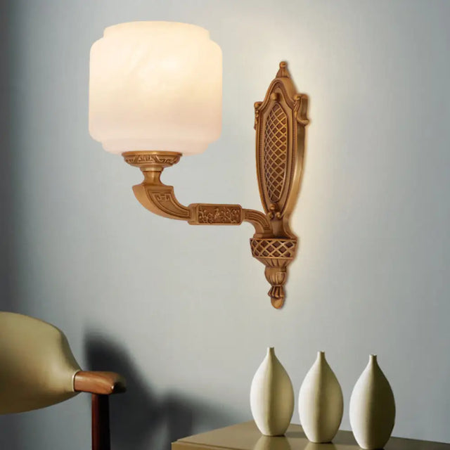 Country Opal Glass Lantern Wall Sconce - Brass 1-Bulb Light Fixture