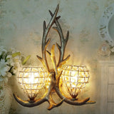 Country Resin Antler Wall Lighting 2-Light Sconce In Brown/Gold With Crystal Shade Gold