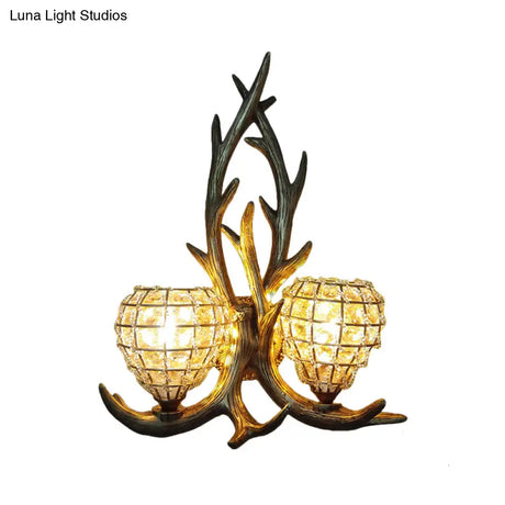 Country Resin Antler Wall Lighting 2-Light Sconce In Brown/Gold With Crystal Shade