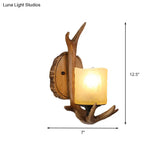 Country Resin Antler Wall Sconce - Wood Finish Frosted Glass Shade Ideal For Living Room Lighting