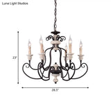 Country Rustic Metal Chandelier With 6 Candle-Style Lights - Scrolled Arms And Ceiling Suspension