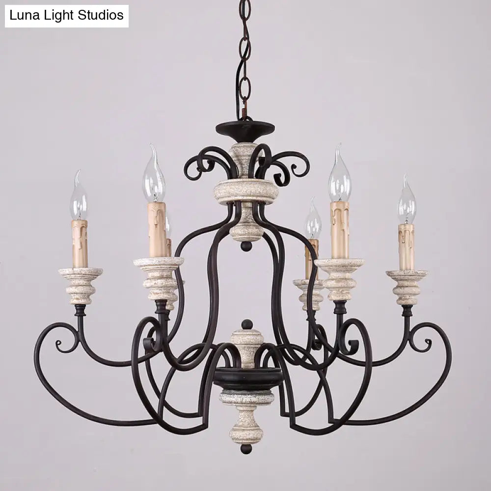 Country Rustic Metal Chandelier With 6 Candle-Style Lights - Scrolled Arms And Ceiling Suspension