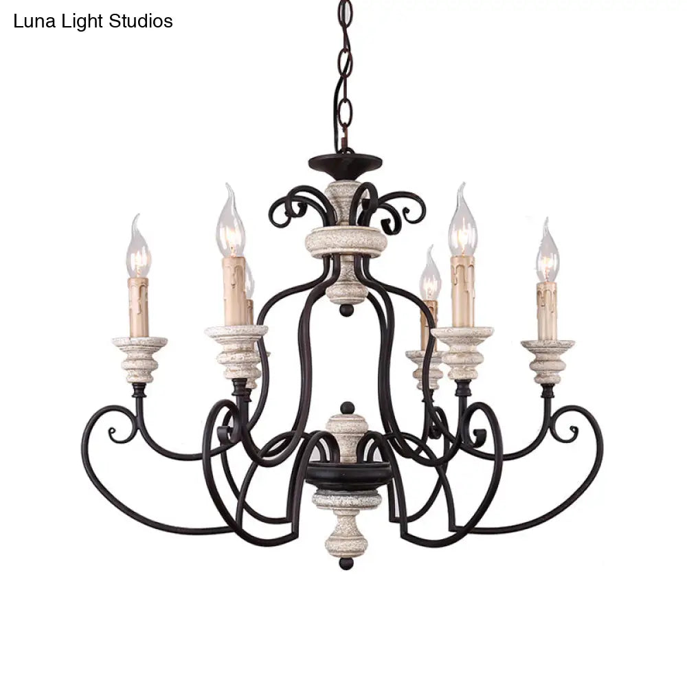 Country Rustic Metal Chandelier With 6 Candle-Style Lights - Scrolled Arms And Ceiling Suspension