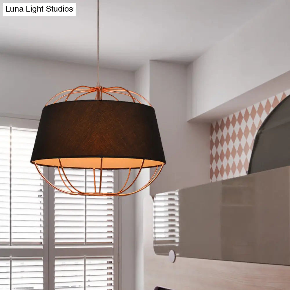 Country Style 1-Bulb Pendant Light Kit - Tapered Drum Fabric Hanging Lamp In White/Black With Wire