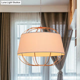Country Style 1-Bulb Pendant Light Kit - Tapered Drum Fabric Hanging Lamp In White/Black With Wire