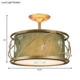 Country Style 3 - Bulb Semi Flush Mount Ceiling Light In Green Fabric - 16’/19.5’ Width