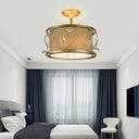 Country Style 3 - Bulb Semi Flush Mount Ceiling Light In Green Fabric - 16’/19.5’ Width / 16’