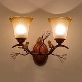 Country Style Amber Glass Wall Sconce With Bird Accent In Copper For Living Room 2 /