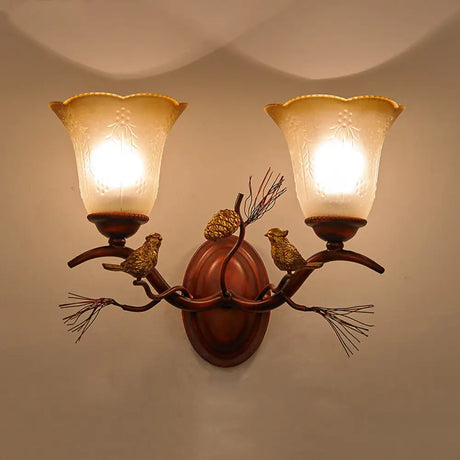 Country Style Amber Glass Wall Sconce With Bird Accent In Copper For Living Room 2 /