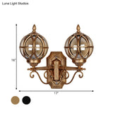 Country Style Black/Bronze Spherical Wall Lighting With Amber Glass - 2-Bulb Patio Surface Sconce
