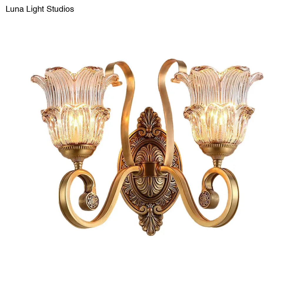 Country-Style Brass Wall Sconce With Crystal Glass Flower Accent And Swooping Arm - 1/2 Bulb Light