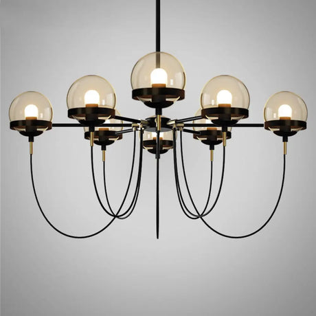 Country-Style Cognac Glass Pendant Light With Swoop Arm - Ball Chandelier 8 / Black