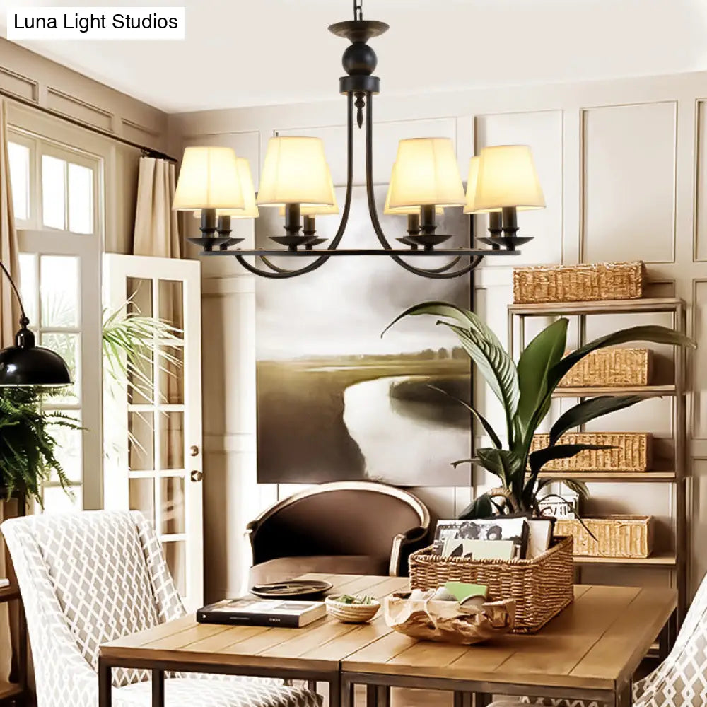 Country Style Conical Chandelier With Fabric Pendant For Dining Room Lighting