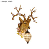 Country Style Deer Wall Sconce With Crystal Shade White/Yellow/Brown Resin Light Fixture