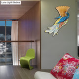 Country Style Flared Wall Sconce With Blue Peacock Design - 1 Bulb Amber Glass And Resin Lighting