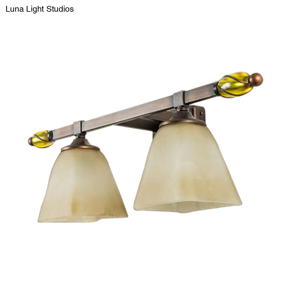 Country Style Frosted Glass Brass Vanity Lamp With Paneled Bell Design - 2/3 Lights Wall Sconce For