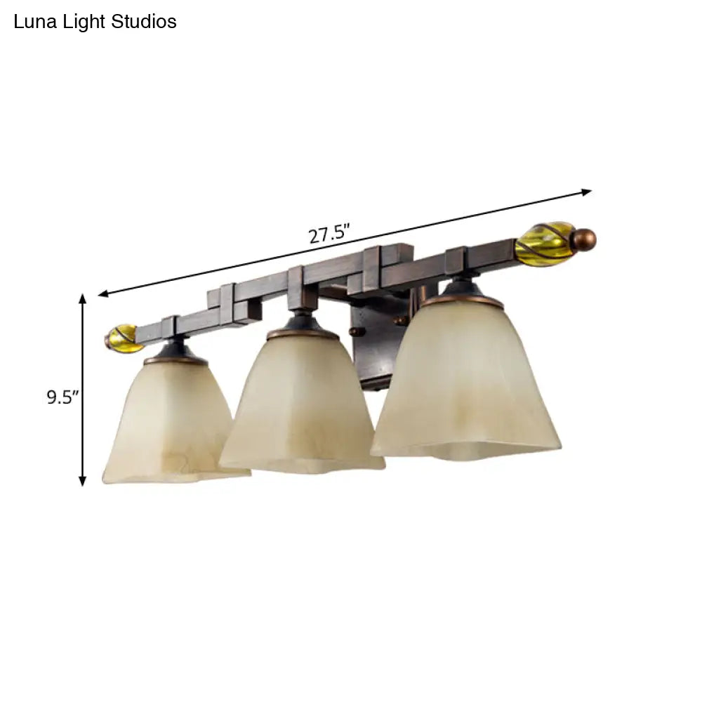 Country Style Frosted Glass Brass Vanity Lamp With Paneled Bell Design - 2/3 Lights Wall Sconce For