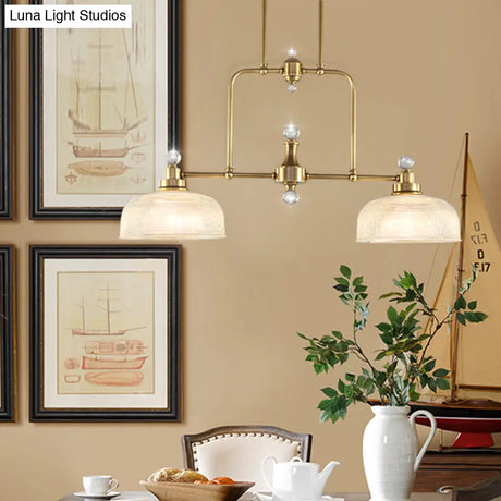 Country Style Gold Island Pendant With Clear Prismatic Glass And 2 Bulbs - Metal Hanging Light Kit
