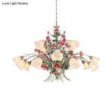 Country Style Metal Chandelier With Curving Arm - 16-Bulb Led Flower Pendant Light Green Ideal For
